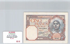BANKNOTE ALGERIEN - 5 FRANCS - A.16.11.1933.A - K.2a - W.4427 - Nr. 511 - Bild 1 von 2