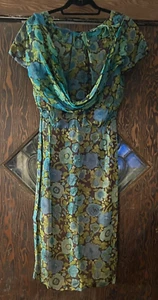 Vtg 1970s Travilla Silk Chiffon Dress Floral Blue Green Brown Size 10 - Picture 1 of 8