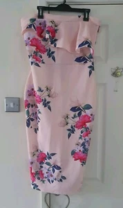 Stunning Ladies Size 14 Pink Floral Stretch Bandeau Midi Dress 'Asos' Bnwt NEW - Picture 1 of 5