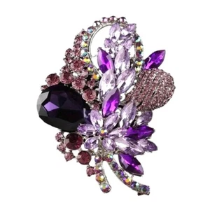 Violet Lavender Rhinestone A/B Crystal Brooch Cluster Bouquet Silver Tone - Picture 1 of 2