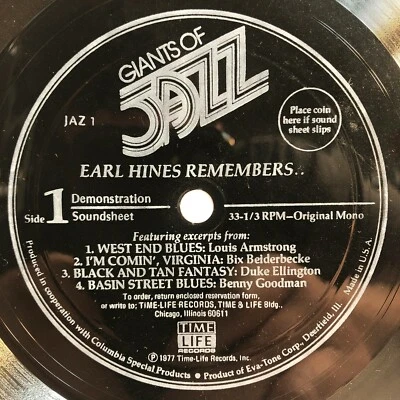 Giants Of Jazz Earl Hines Remembers 1977 Time Life BigBand Flexi-disc Record NM- - Image 1 of 4