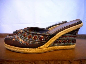 Bamboo sequins brown wedge 3.5" Heel Size 7.5 Slip on Bling Womens pre-owned - Picture 1 of 12