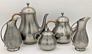 Vtg Mid Century Royal Holland Daalderop Rattan Wrap Pewter Tea Set of 5 - Picture 1 of 20