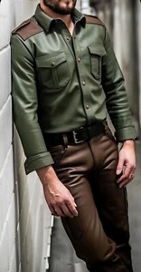 Men's Real Leather  Full Sleeves Shirt Green With Brown Accent Leather Shirt - Picture 1 of 2