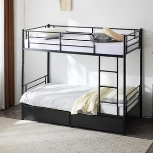 Twin Over Twin Metal Bunk Bed Metal Frame with Ladder 2 Drawer for Kids Bedroom - Picture 1 of 9