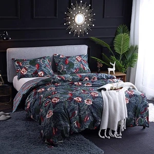 Dark Green Floral Duvet Cover Set Full Red Flower Green Leaves Bird Printed P... - Picture 1 of 6
