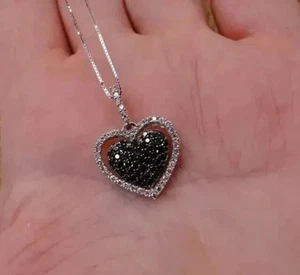 Art Deco Style Lab Created Diamond Black Spinel Heart Pendant 14K White Gold FN - Picture 1 of 10