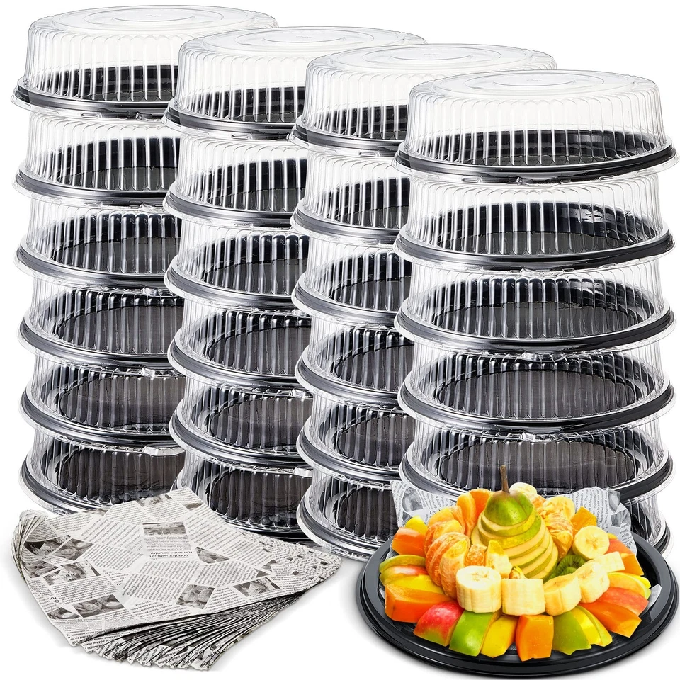 Tessco 24 Pcs 12 Inch Catering Trays with Clear Lids and 48 Pcs Deli Wax Pape... - Image 1 of 4