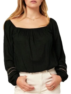 O’NEILL Laine Crop Top Sz L Black Bubble Hem Peasant Sleeve Cotton Linen Jute - Image 1 of 4
