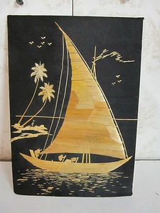 Authentic Handmade in India Woven Straw Mural-Sailboat on Water with Rowers - Picture 1 of 4