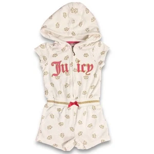 Y2K Juicy Couture Baby Hooded Romper Logo Princess Crowns Gold Pink 24m 2T Terry - Picture 1 of 7