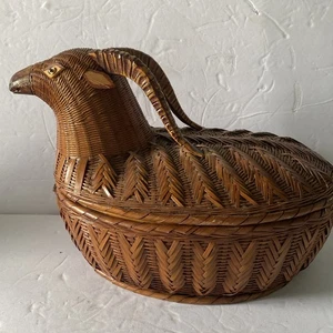 Vintage Hand Made Lidded Ram’ Head Bamboo Basket Shanghai Style - Picture 1 of 12