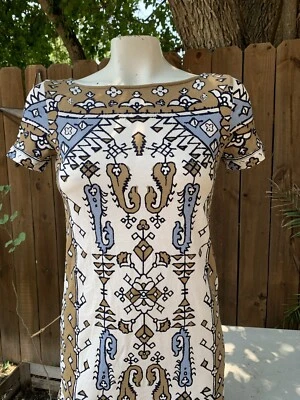 Vestido para mujer Tory Burch Pima algodón tostado/marfil/azul estampado talla XXS - USADO EN EXCELENTE ESTADO Foto 1 de 4