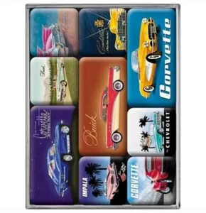 Retro 9 pc Magnet Set 'US CARS' Corvette, Buick, Impala, Chev, Cadillac Licensed - Imagen 1 de 3
