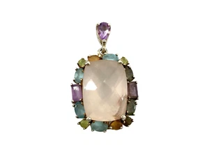 Vintage Sterlingsilber Handarbeit Inlay Multi Stein Quadrat Rosenquarz Anhänger - Bild 1 von 10