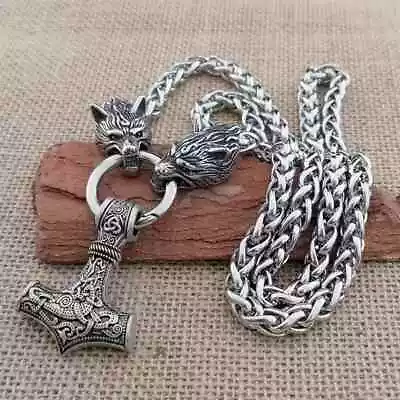 Men Norse Viking Thor hammer Mjolni Pendant Stainless Steel Wolf Chain Necklace - Image 1 of 4