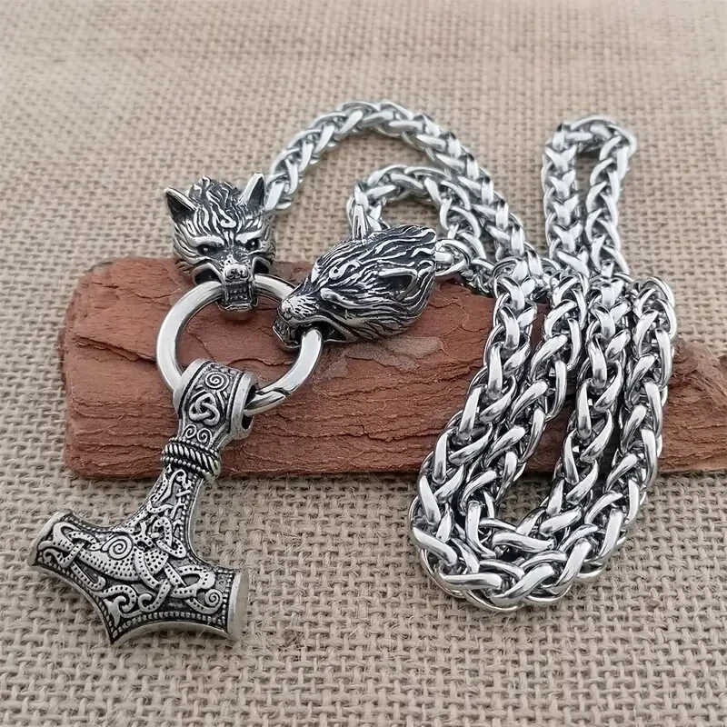 Men Norse Viking Thor hammer Mjolni Pendant Stainless Steel Wolf Chain Necklace - Image 1 of 4