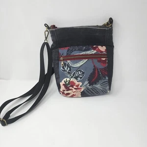 Crossbody Travel Bag Black Denim Hand Made Hawaiian Print Patch Front Zip Close - Picture 1 of 14