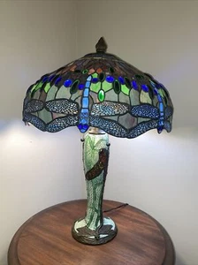 29” Emerald Mosaic Slag Glass Lamp 3 bulb Dragonfly Motif - Picture 1 of 15