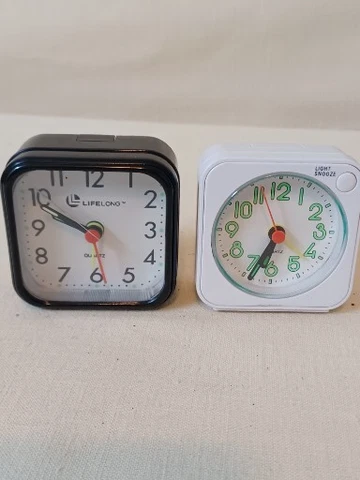 2 Lifelong Small Quartz Travel Clocks w/Snooze Glow in Dark Face Hands  2.5" Cover