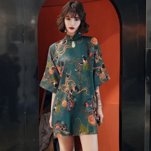 Damen Locker Freizeit Qipao Cheongsam Ethnisch Kurz Kleid Raglan Ärmel Bedruckt - Picture 1 of 12