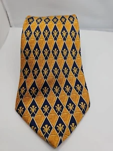 LANVIN PARIS MENS 100% SILK NECK TIE GOLD Blue Trumpet MADE IN FRANCE 58"x3.75" - Picture 1 of 5