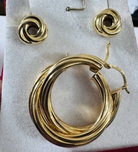 18K 750 Fine Real Gold Women’s Earring 2 Set of Hoop Loop & Stud Earrings 6.7g - Picture 1 of 23