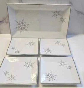 ULTA BEAUTY 5-pc WHITE SNOWFLAKE Serving Tray & Plate Set CHRISTMAS DISH Winter - Picture 1 of 12