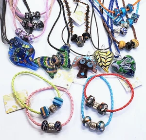 16 pc Lot Necklace Leather Cord Lampwork Bead Glass Pendants Snap Clasp Bracelet - Picture 1 of 10