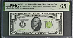 1934 $10 FR 2004-J LGS Light Green Seal FRN Kansas City PMG GEM 65 EPQ - Picture 1 of 4