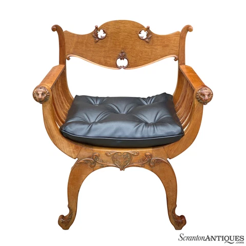 Antique Renaissance Revival Carved Tufted Savonarola Chair w/ Lion's Head Motif Cover
