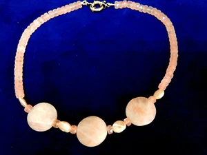 Rose Quartz Necklace with Pearls / 18" Length / Lg. Stone Disks / Hand Crafted - Picture 1 of 10