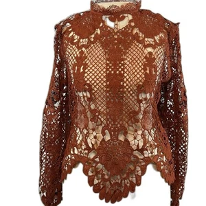 Jealous Tomato Häkel High Kragen Langarm Burnt Orange Rost Boho Bluse L - Bild 1 von 10