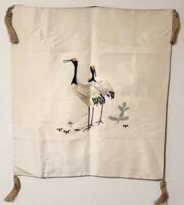 Japanese Antique Old Cloth Kimono Fabric 27.6x25.6in Crane Embroidery With Crest - Picture 1 of 8