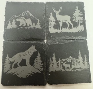 Juego de 4 posavasos de pizarra temáticos para exteriores grabados con láser - ciervo, oso, lobo, alce - Imagen 1 de 6