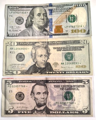 $100, $20, $5 Dollar Bills  With Star Notes * Series 2009A, 2017, 2017A - Image 1 of 2