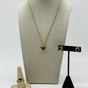 AVON Signed Heart Jewelry Set Black Enamel Necklace Ring Clip-On Earrings - Picture 1 of 10