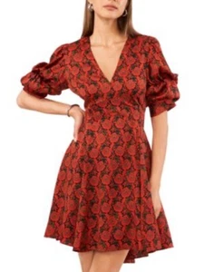 1.State Women Red Printed V-Neck Tiered Bubble Puff Sleeve Mini Dress SATIN XL - Picture 1 of 5