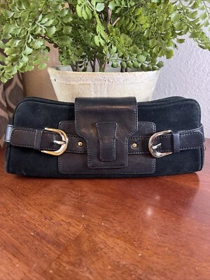 Banana Republic Black Genuine Leather Suede Flap Buckle Zip Handbag Clutch - Image 1 of 4