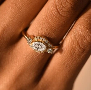 Bezel Set East To West Sterling Silver Three Stone Halo Moissanite Oval Cut Ring - Picture 1 of 3