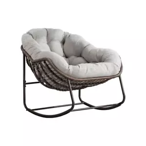 HOMEFUN Outdoor Rocking Chair Ergonomic Wicker Rattan Steel Frame/Beige Cushion - Picture 1 of 6