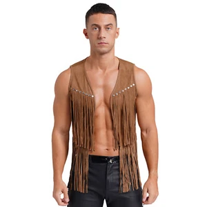 Mens Jacket Tassel Waistcoat Top Vest Fancy Dress Cowboy Suede Adult Suits - Picture 1 of 52