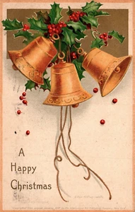 WEIHNACHTSPOSTKARTE signiert Ellen Clapsaddle 1907 goldfarben Glockentrio - Bild 1 von 2