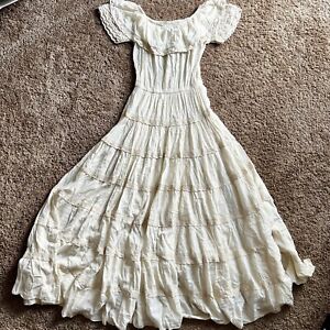 Vintage Bohemian Cottage Prairie Ivory Off Shoulder Dress Victorian ~ Size S/M