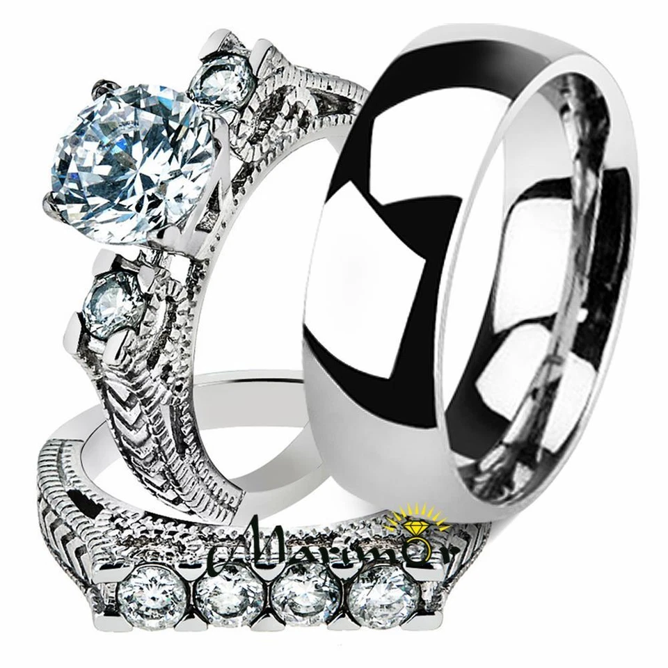 Conjunto nupcial vintage de acero inoxidable para mujer y alianza de boda clásica para hombre His & Hers Foto 1 de 1