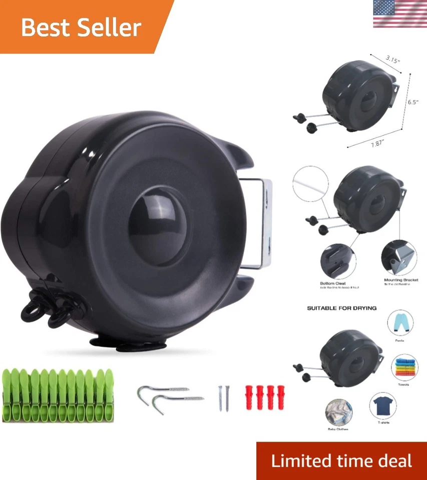 Drynatural Retractable Clothesline Wall Mounted Double Lines 99ft Long Dark Grey