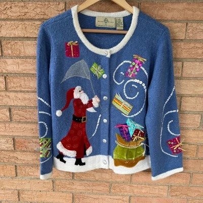 Design Options Philip & Jane Gordon Medium Cardigan Sweater Christmas Santa Blue - Image 1 of 4