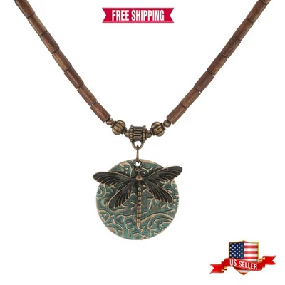 棕色木质串珠蜻蜓吊坠波西米亚声明项链,长度选择 — 第 1/4 张图片