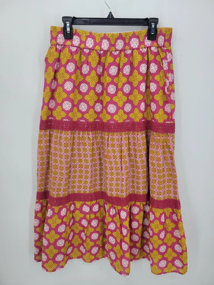 Sigrid Olsen Skirt Womens Large Pink Gold Floral Tiered Ruffled Pull On Artsy - Image 1 of 4