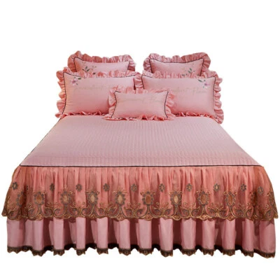 Luxury Solid Lace Quilted Bedspread Queen King Size Bed Skirt Pillow Shams 3pcs - Image 1 of 4